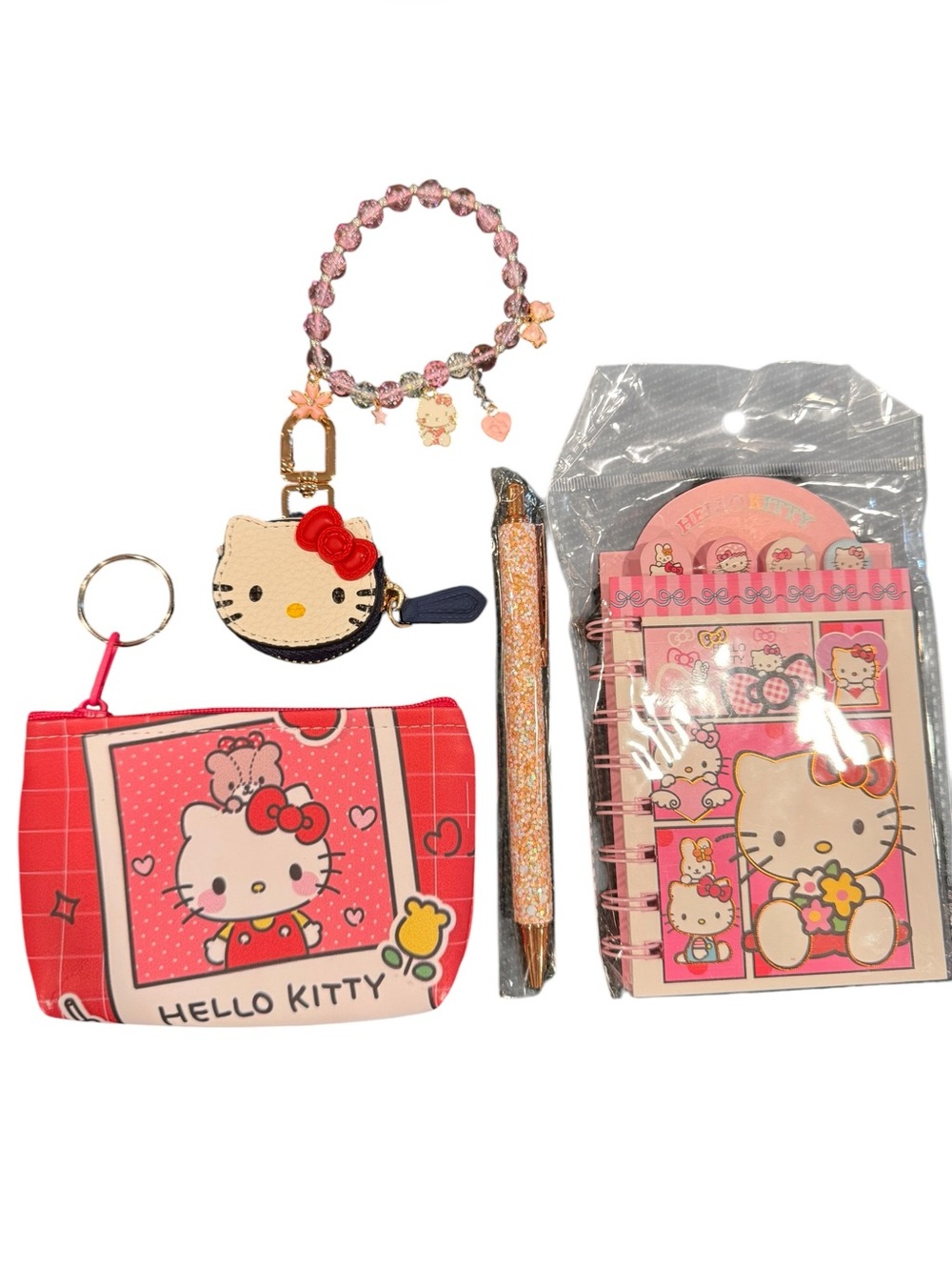 Hello Kitty Pink Notebook, Coin Purse, purse charm & Beaded Charm Bracelet Set